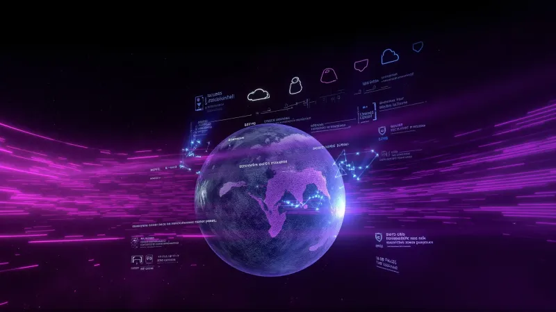 Encrypted data streams flowing through a quantum-secured network with a globe overlay representing sovereign-scale protection across 18 countries