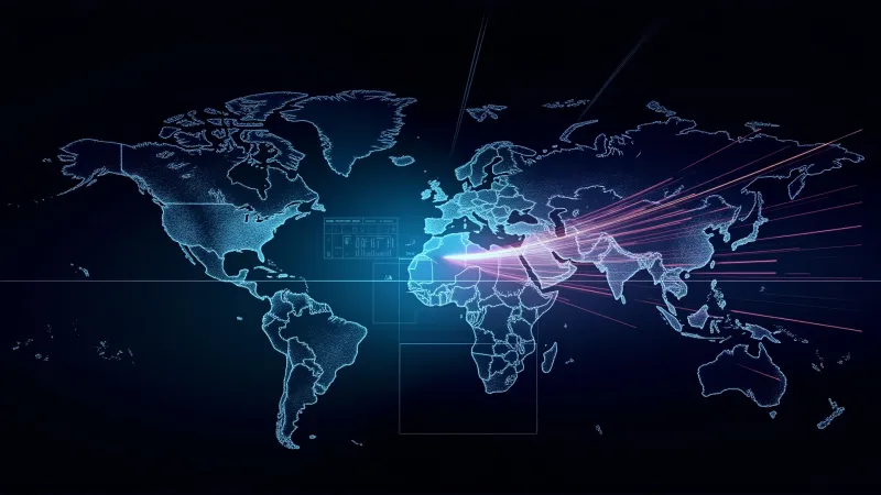 abstract visualization of a global intelligence network with data streams converging into predictive analytics nodes across continents