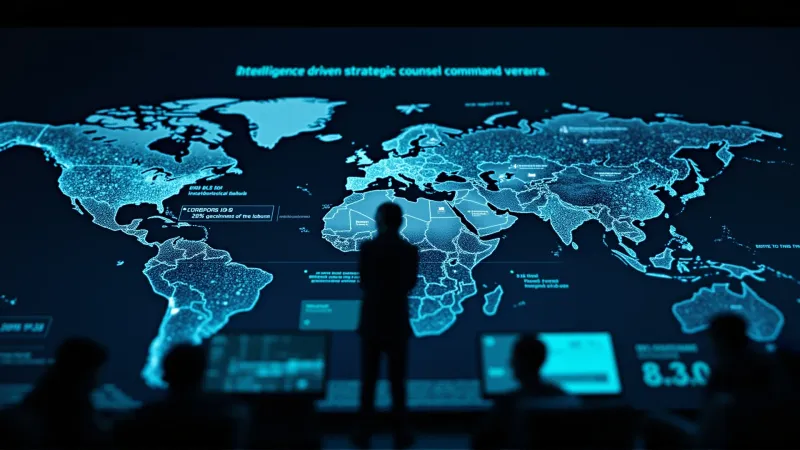 A commanding visual of global political intelligence infrastructure with data overlays across continents
