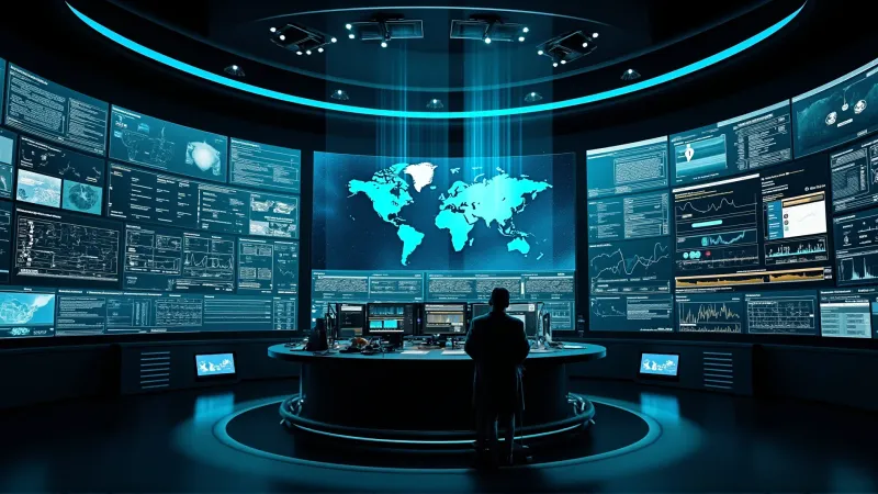 Cybersecurity operations center with multi-screen threat monitoring dashboard