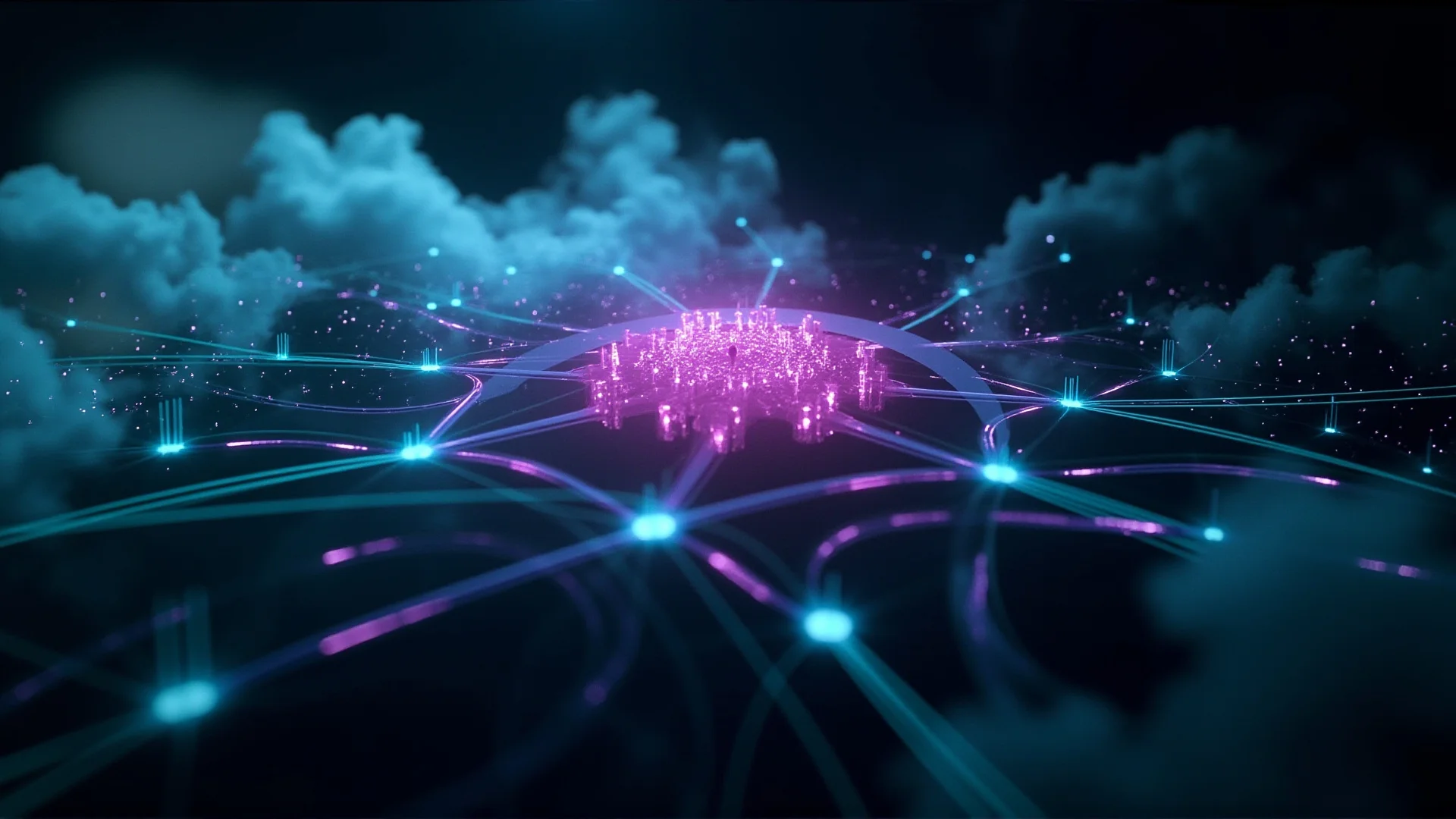 abstract visualization of 9 interconnected nodes forming a unified neural network